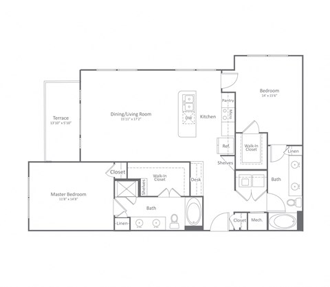 Floor plan for 2 beds, 2 baths, 1260 sqft